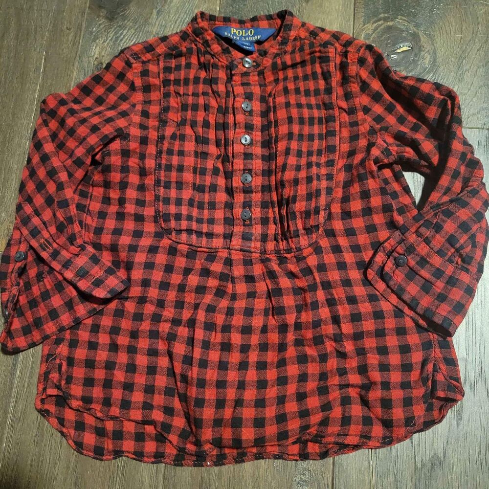 Polo Ralph Lauren‎ Red Black Plaid Flannel Shirt Girl's Size 2/2T